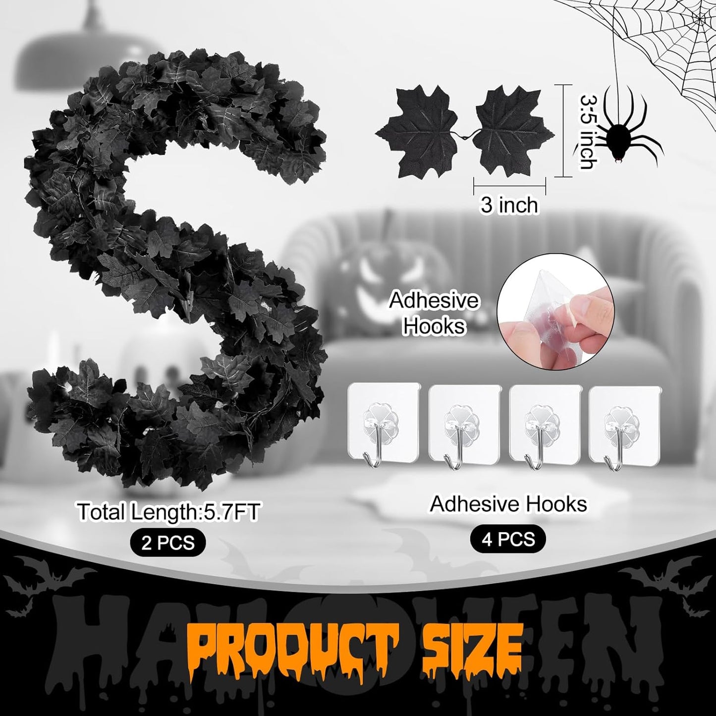 Joyhalo 2 Pack Halloween Garland, 5.7FT Black Leaf Garland for Mantle, Artificial Hanging Black Maple Leaves Vines, Spooky Halloween Outdoor Floral, Haunted Mansion, Fireplace, Fall Decor