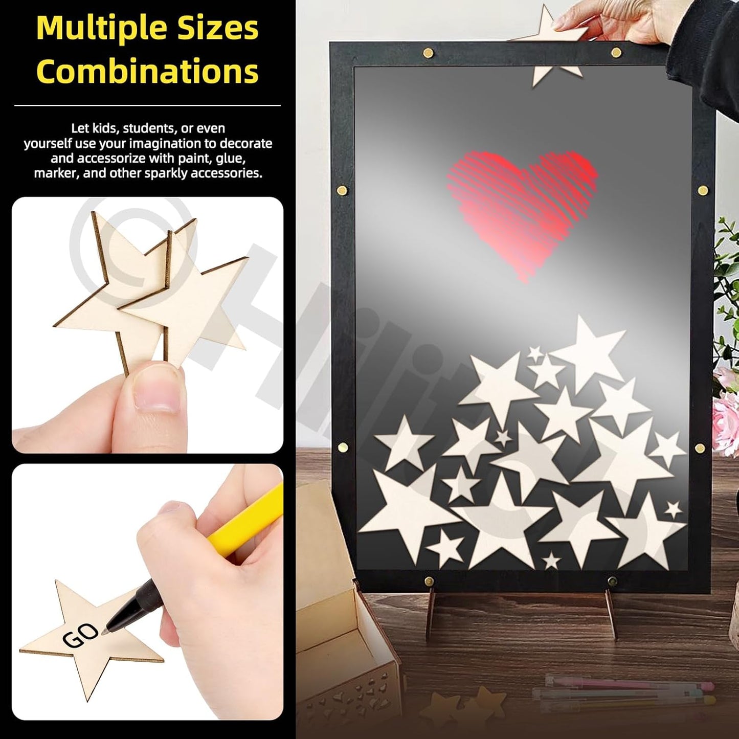 Hilitchi 300Pcs 5Sizes Unfinished Wooden Stars Wood Stars Craft Unfinished Wooden Stars Ornanents Wooden Stars Shape Blank Wood Ornaments Cutout Blank Wood for DIY Art Crafts Home Decorations