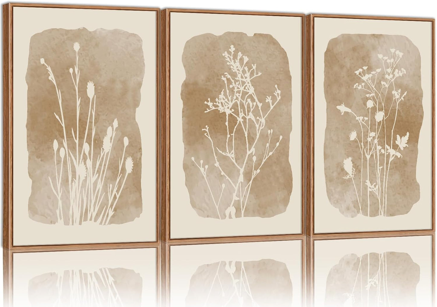 SIGNINART Boho Botanical Framed Canvas Wall Art Set, Neutral Wildflower Wall Decor, Vintage Floral Wall Painting, Art Print for Farmhouse Living Room, Bedroom, Office, Bathroom 16"x24"x3
