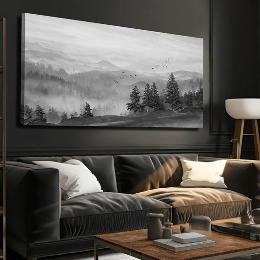 SOUGUAN Grey Pictures Wall Decor Forest Artwork Mountain Canvas Painting Landscape Wall Art Prints for Living Room Bedroom Home Hanging Decor 24x48 Inch