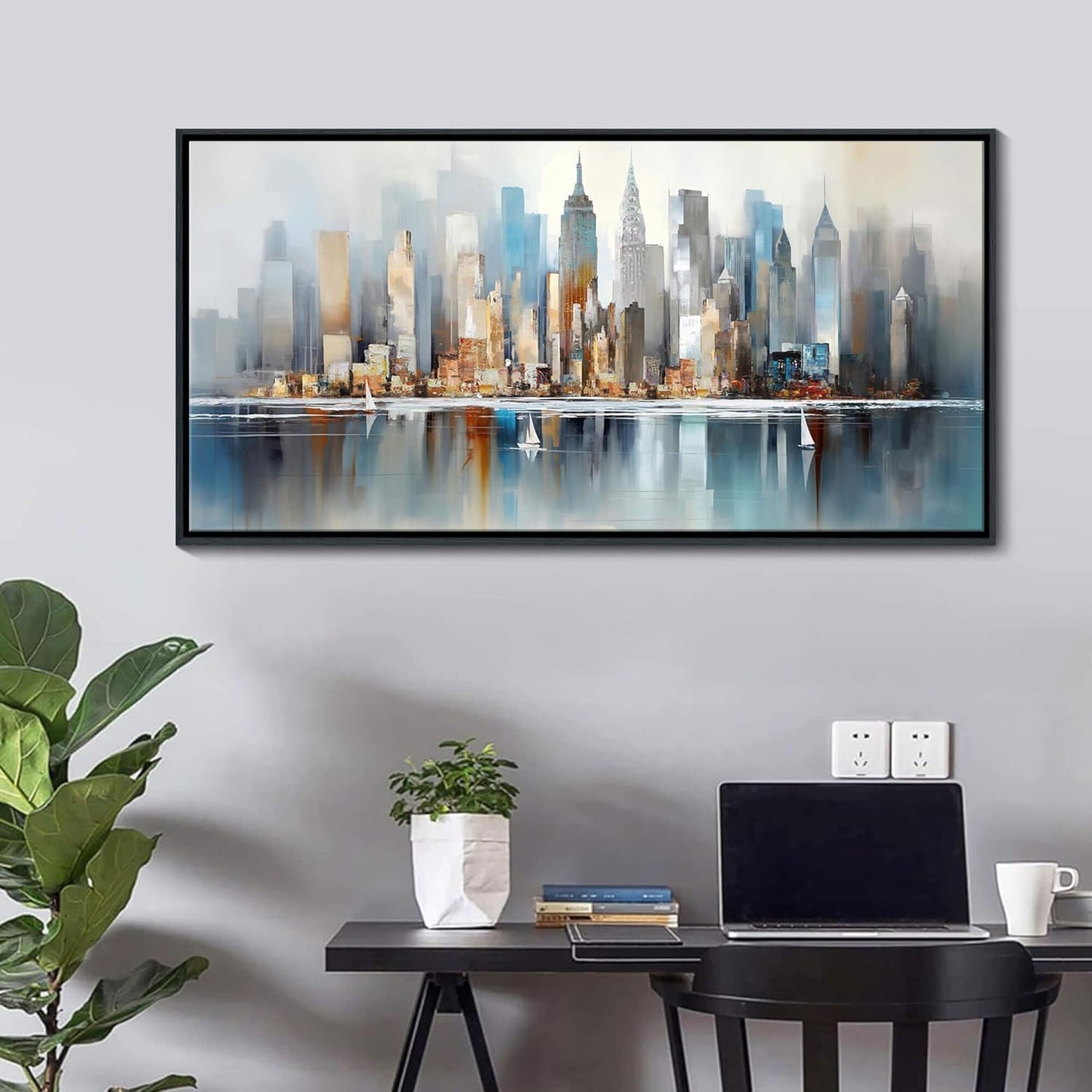 DUNHUANG ART New York City Skyline Abstract Art - Modern Manhattan City View Painting for Home Decor - Large Framed Cityscape Wall Art 20"x40"