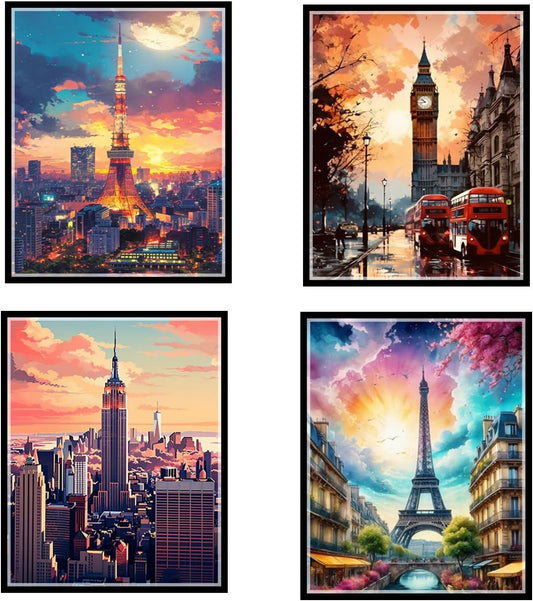 ELEVENSPACE Boho Wall Art Decor,New York, London, Tokyo, Paris, Eiffel Tower,City Wall Decor Art,Modern Landscape Wall Art for Living Room Bedroom Prints Poster,8x10 Inch Set of 4,Unframed