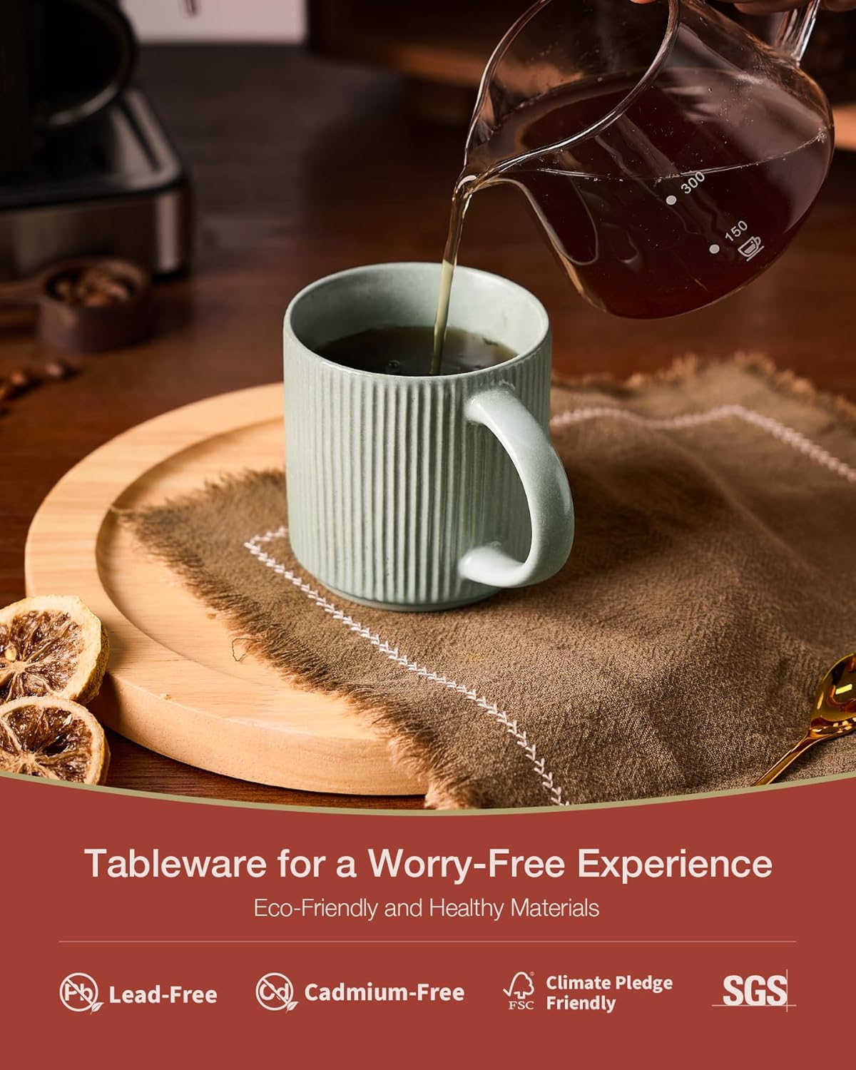 famiware Coffee Mug Set for 6, Star 12 oz Catering Mugs Cup Set with Handle for Coffee, Tea, Cocoa, Milk - Ceramic Stoneware Drinkware Set, Matte Green