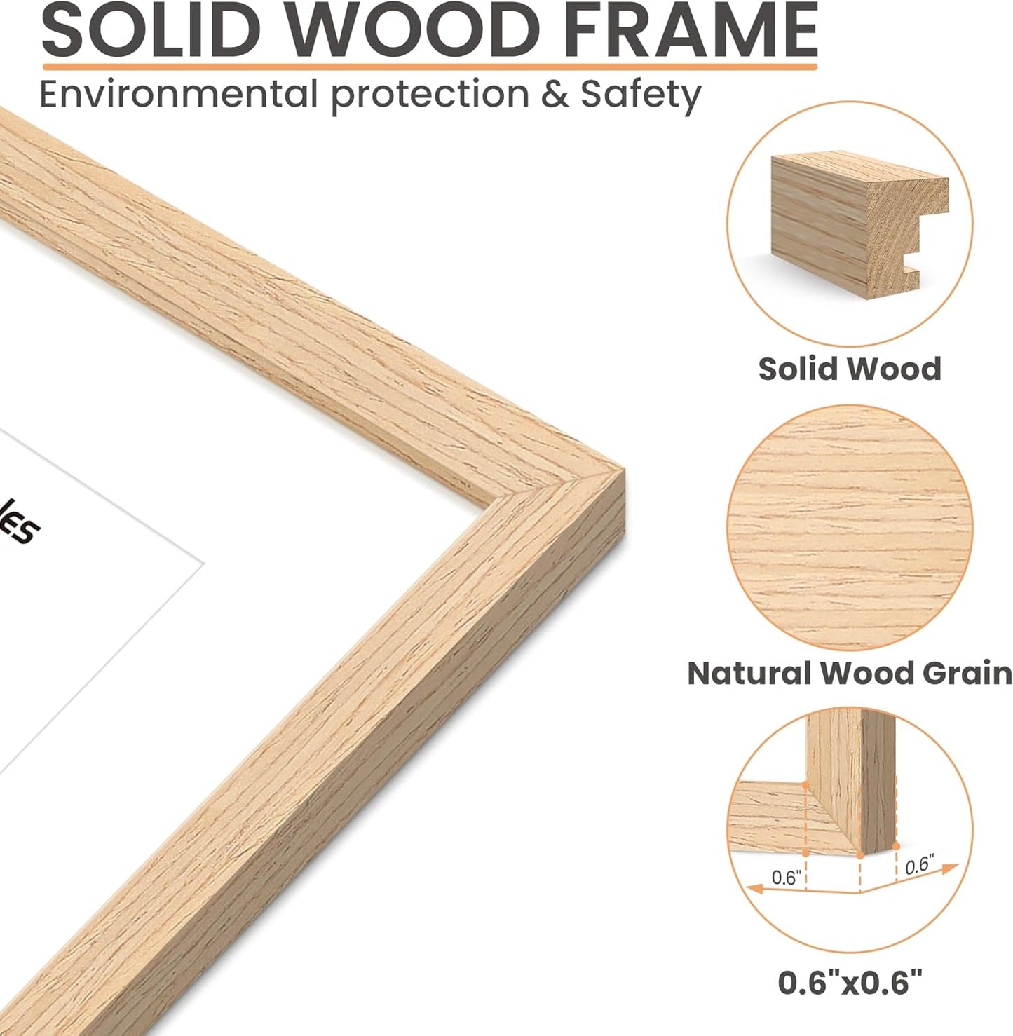 upsimples 6x8 Picture Frame, Natural Solid Wooden Picture Frames, Display 4x6 with Mat or 6 x 8 Without Mat, Wall or Tabletop, 1 Pack, Natural