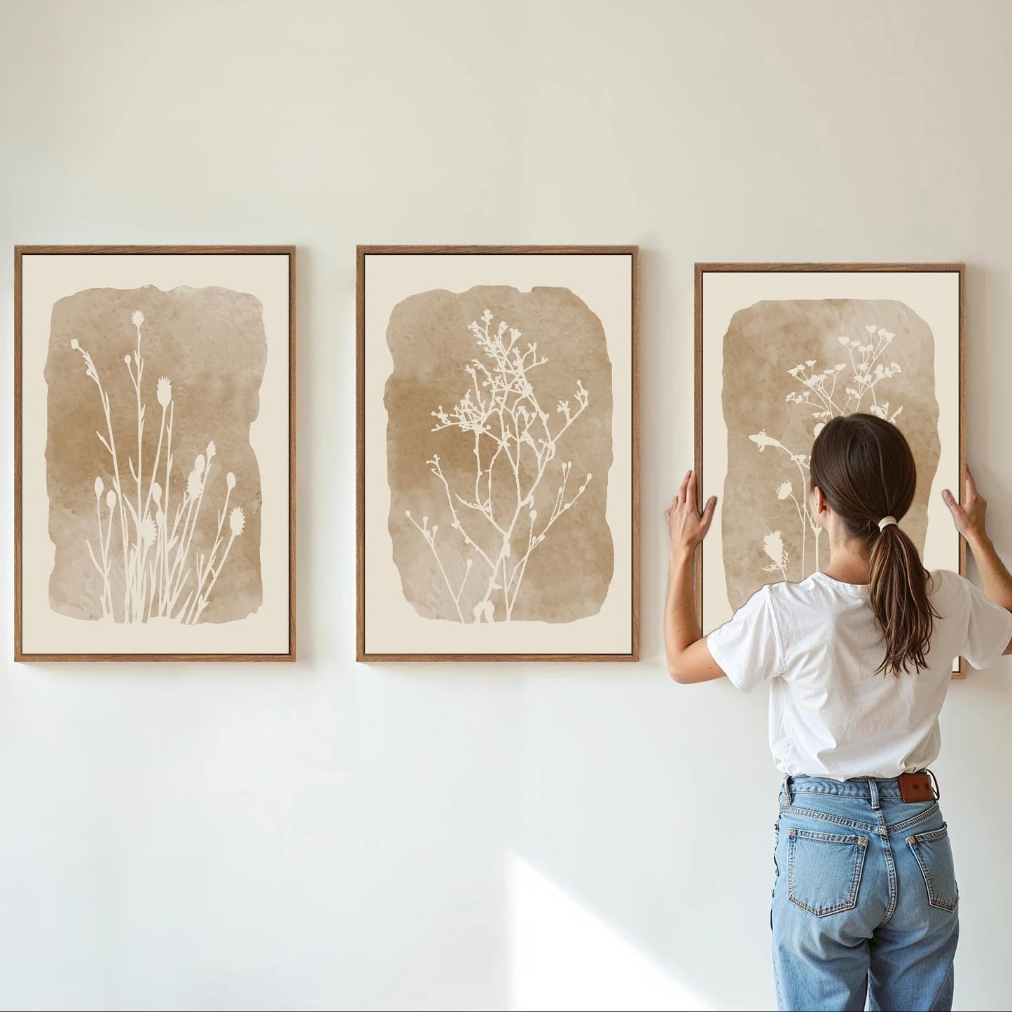 SIGNINART Boho Botanical Framed Canvas Wall Art Set, Neutral Wildflower Wall Decor, Vintage Floral Wall Painting, Art Print for Farmhouse Living Room, Bedroom, Office, Bathroom 16"x24"x3