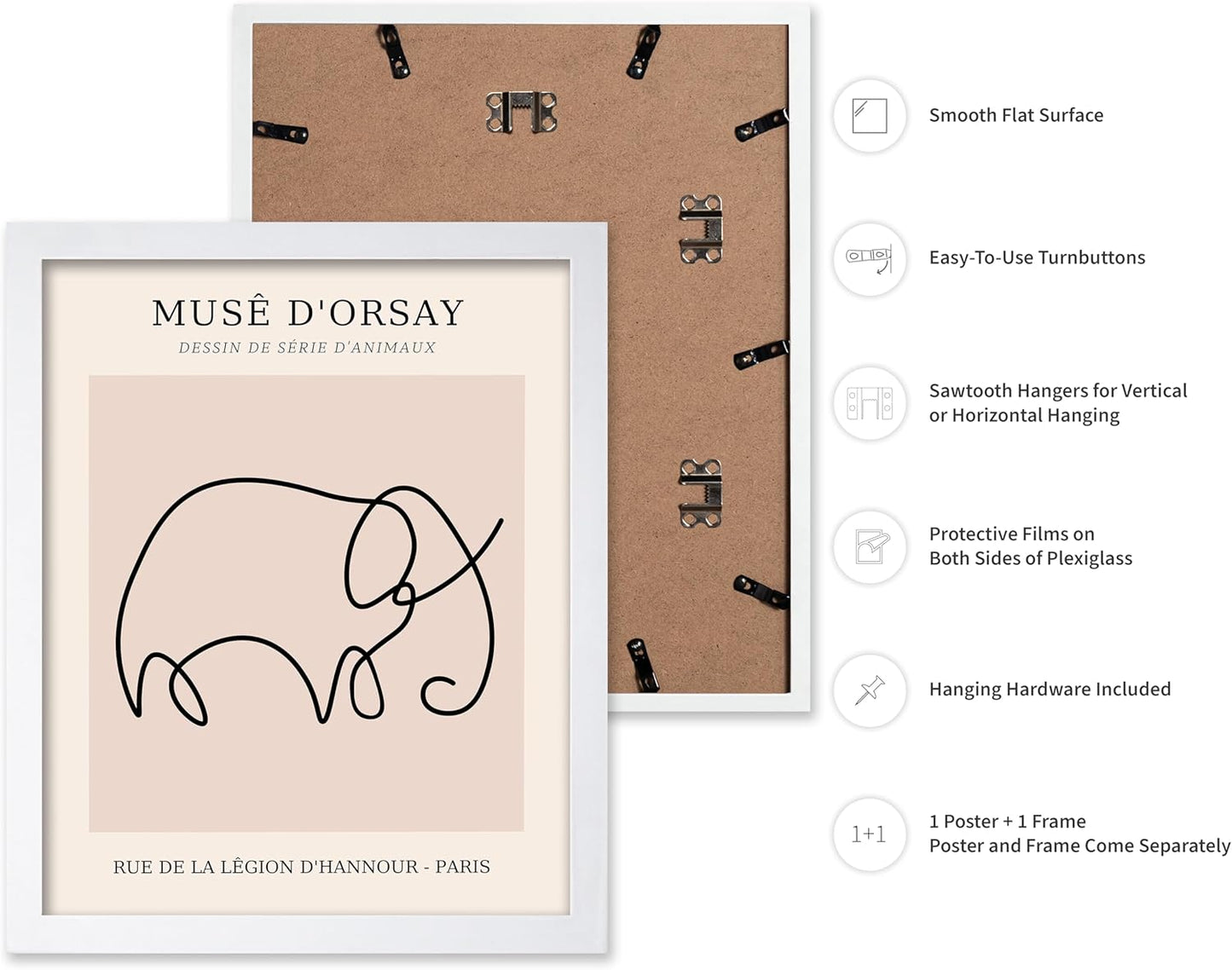 Poster Master Vintage Poster - Retro One Line Elephant Drawing Print - Elephant Art - Minimal Gift for Men, Women, Animal Lover - Abstract Wall Decor for Home, Office, 8x10 White Framed