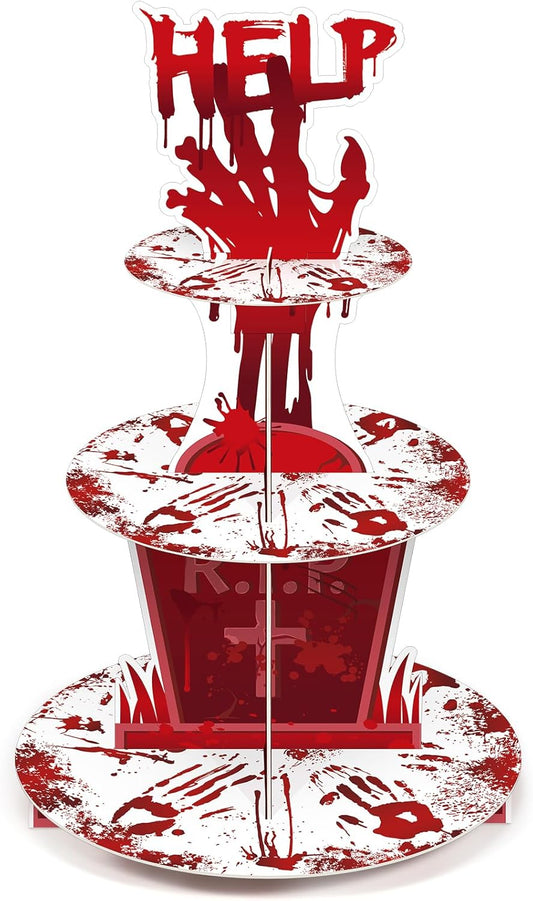 Sliner 3 Tier Halloween Bloody Cupcake Stand Party Decorations Bloodys Handprint Cupcake Holder Halloweens Bloodys Help Cake Holder Bloody Theme Dessert Stand for Horror Scary Party Supplies