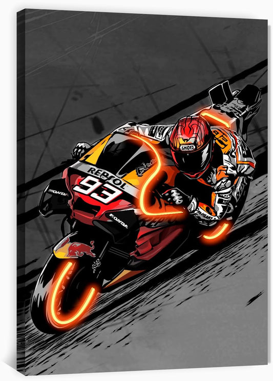 Sorventina Painted Neon Style Orange #93 RC213V Racing Bikes Wall Art - 16x24 Wrapped Canvas, Non-LED, Ideal Decor for Bedroom, Living Room, Office, Game Room, Garage, or Man Cave