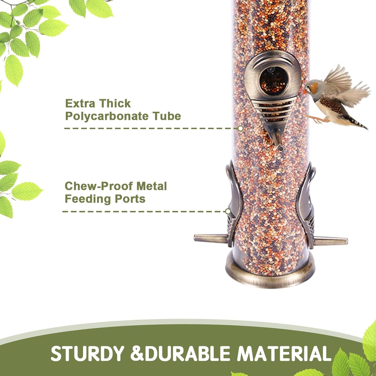 MIXXIDEA 2PK Metal Wild Bird Feeder Squirrel Proof Bird Feeders for Outside Hanging 6 Port Tube Bird Feeder Transparent Finch Feeder with Steel Hanger (Bronze)