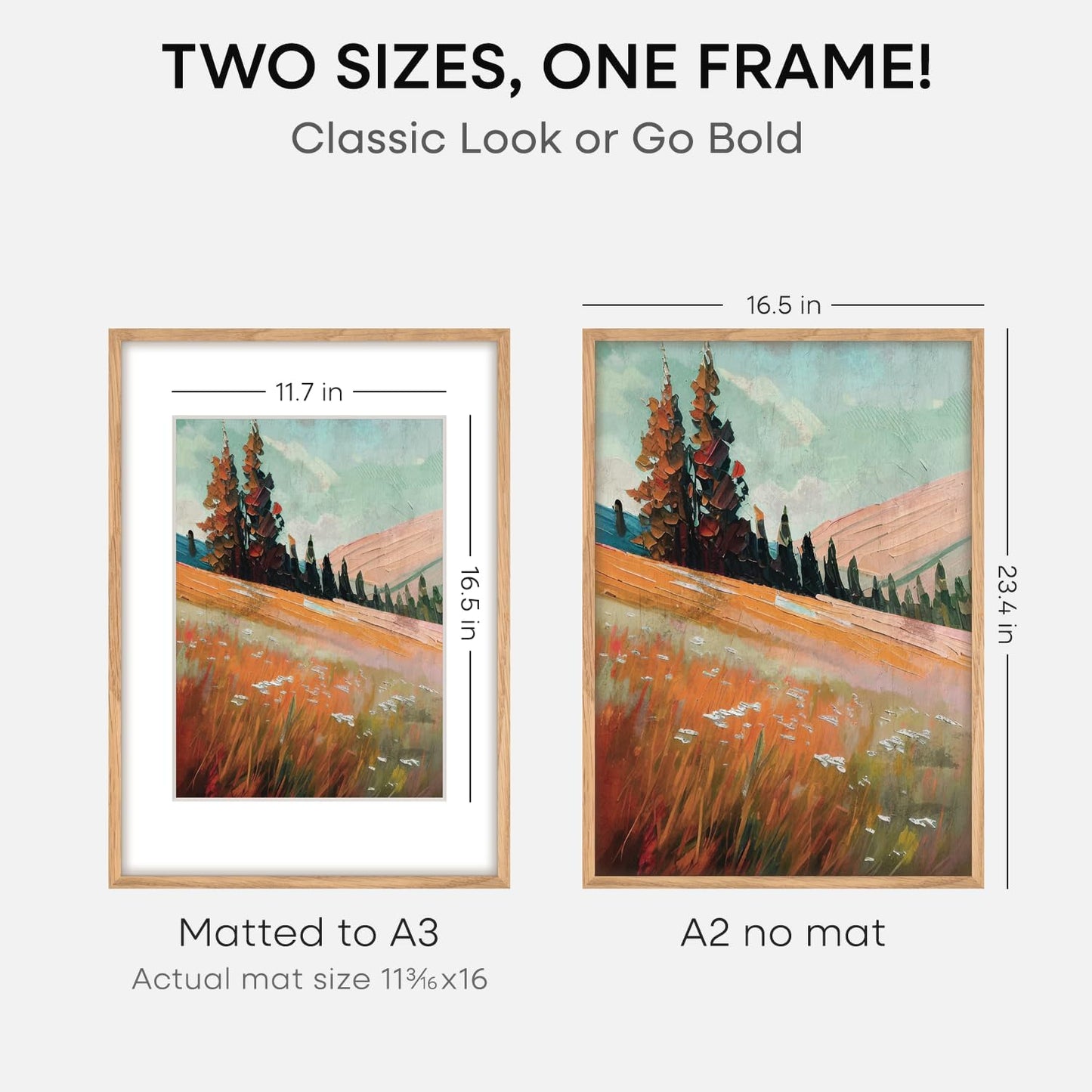 Homeforia A2 Picture Frame Natural Wood, High End Oak 16.5 x 23.4 Wooden Poster Frames Matted to 11.7 by 16.5 Photo, A2 Size Light Wood Frames with Mat A3 for Print, Tempered Glass, Wall Kit, Set of 1