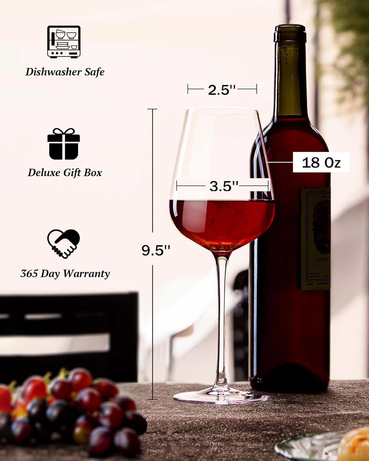 JBHO Hand Blown Bordeaux Wine Glasses - Set of 6-18 Ounce - Great Gift Packaging - Red Wine Glasses Lead-Free Premium Crystal Clear Glass