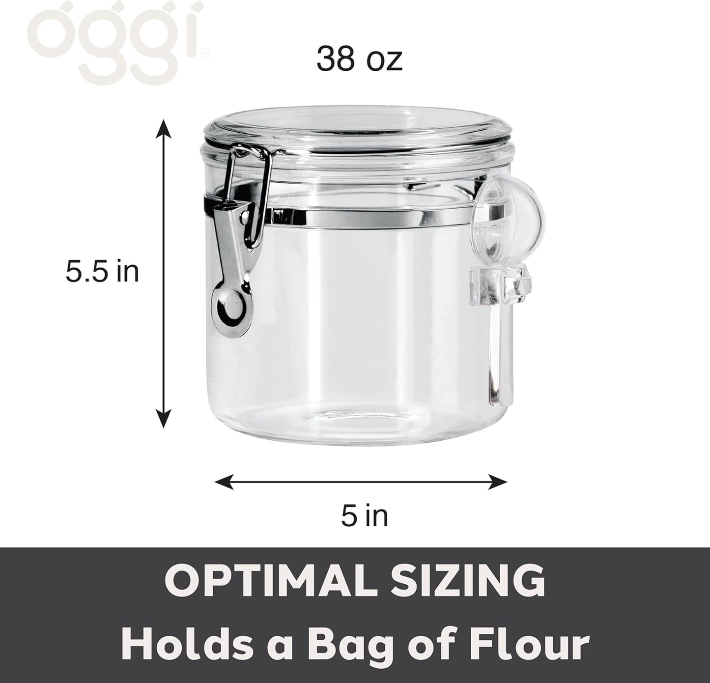 OGGI Clear Canister Airtight 38oz - Clamp Lid & Spoon - Airtight Food Storage Containers, Ideal for Kitchen & Pantry Storage of Bulk, Dry Food Including Flour, Sugar, Coffee, Rice, Tea, Spices & Herbs