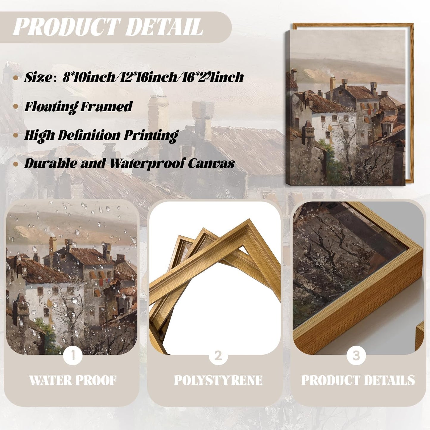 Floating Framed Vintage Canvas Wall Art, European Country Towns Wall Decor Oil Paintings Artwork, Rustic Farmhouse Posters Prints Pictures for Living Room Hallway Bedroom 12x16 inch