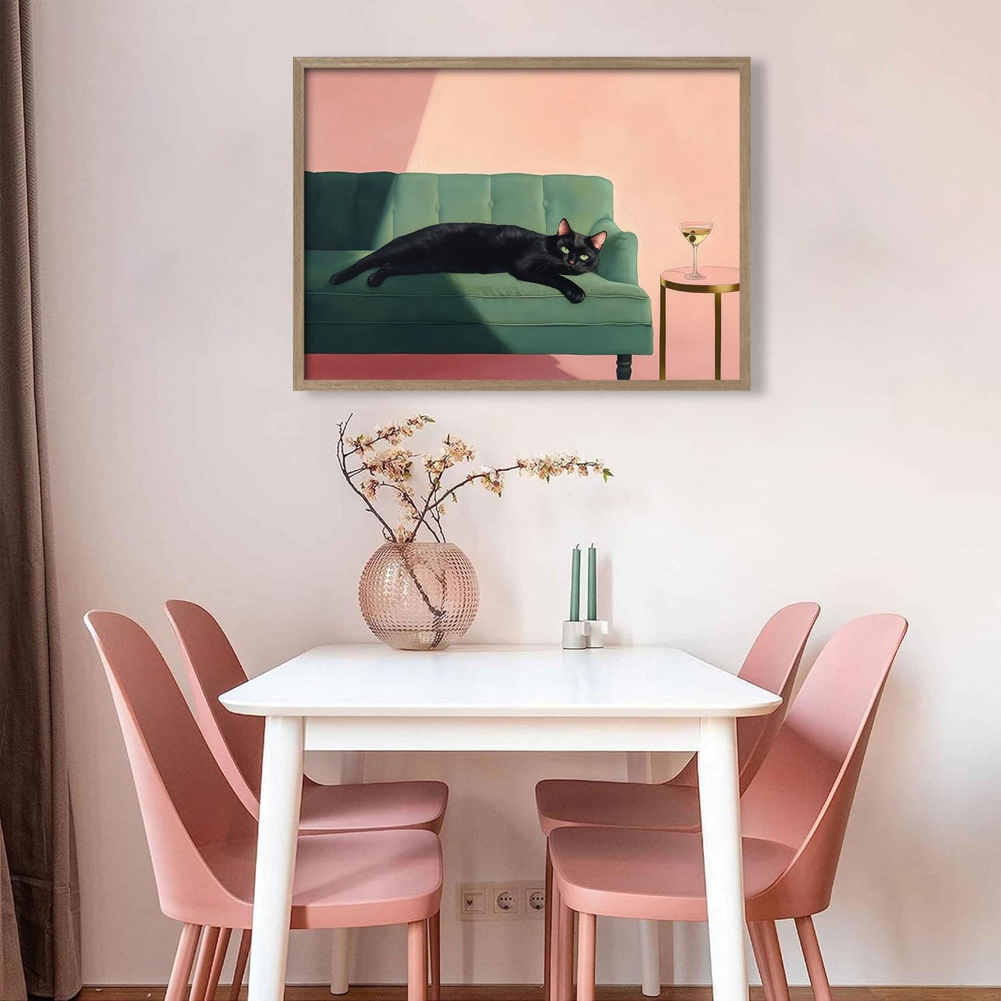 Wood framed black cat wall art modern style canvas print lazy black cat poster picture decoration painting gallery style artwork suitable for living room bedroom decoration 12x16 inch