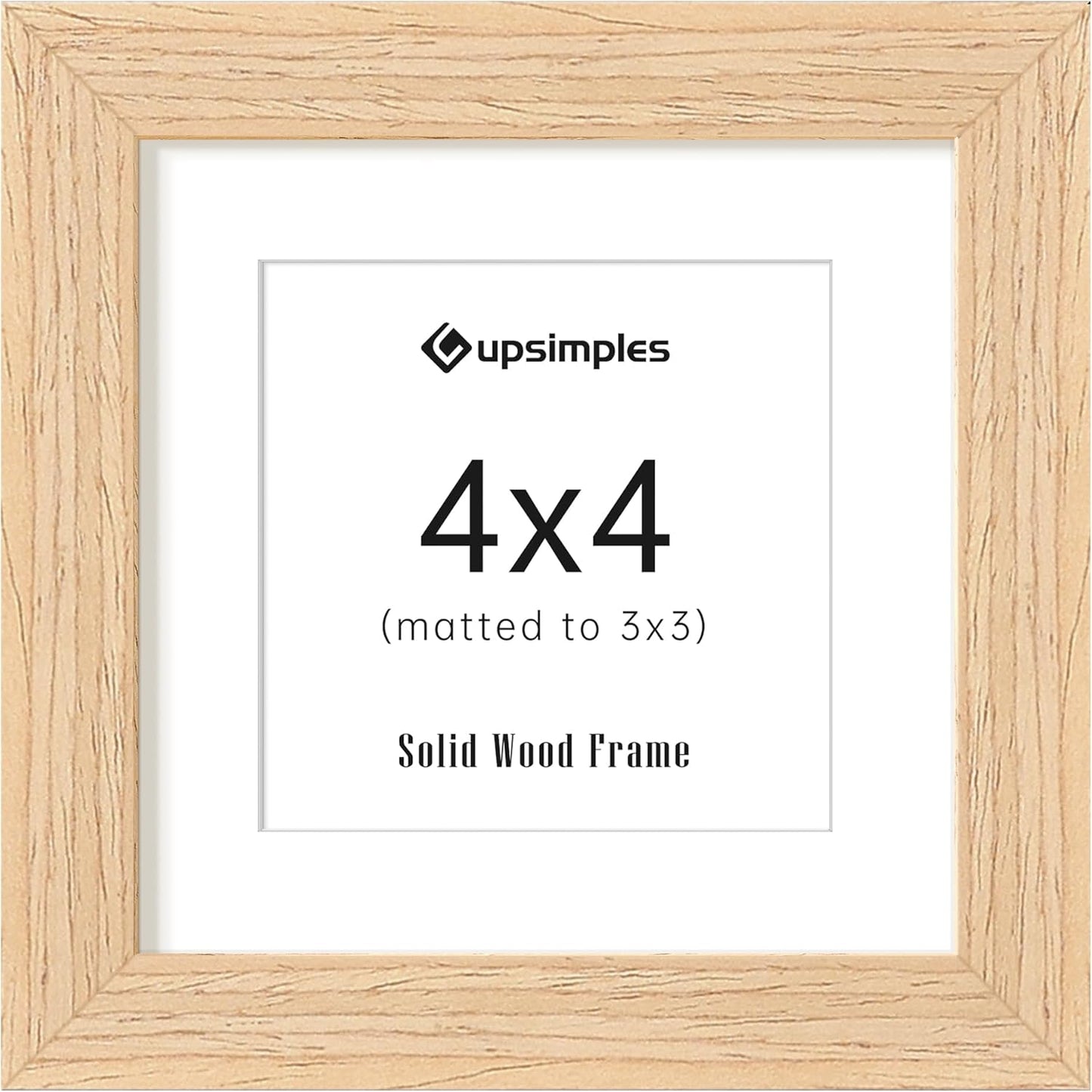 upsimples 4x4 Picture Frame, Natural Solid Wooden Picture Frames, Display 3x3 with Mat or 4 x 4 Without Mat, Wall or Tabletop, 1 Pack, Natural