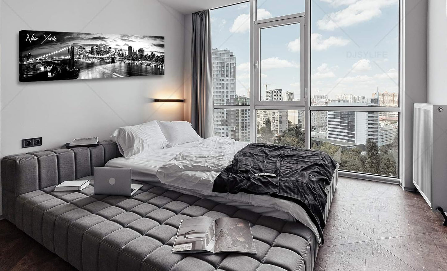 DJSYLIFE New York Skyline Wall Art - Brooklyn Bridge Night View - Black and White Nyc City Pictures Scape Artwork Painting Decoration for Bedroom or Office, Ready to Hang 13.8"x47.3"-New York1
