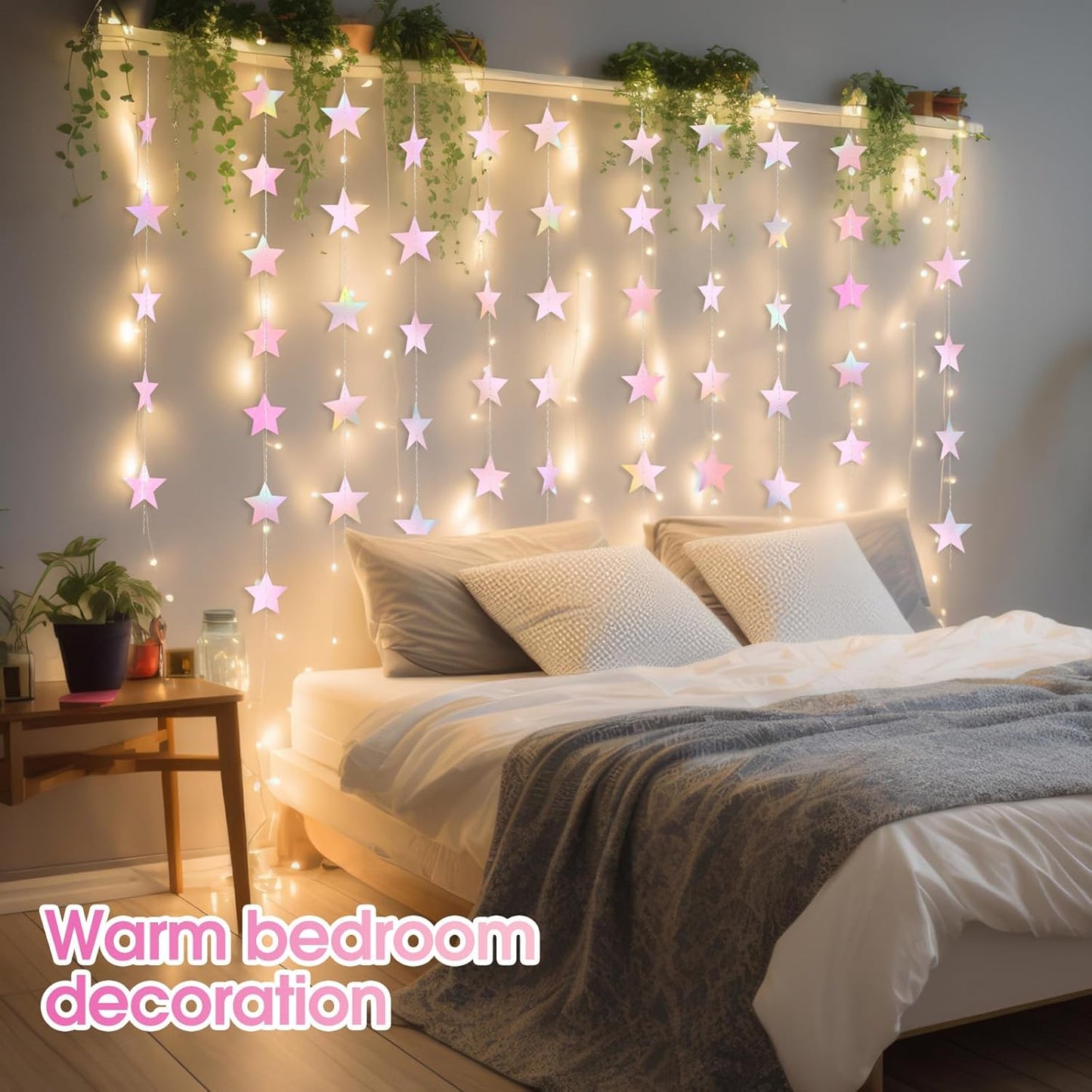 Patelai Glitter Star Garland Banner Decor 130 Feet Star Hanging Bunting Banner Twinkle Backdrop for Homecoming Classroom Wedding Birthday Halloween Christmas Party Supplies(Iridescent Pink)