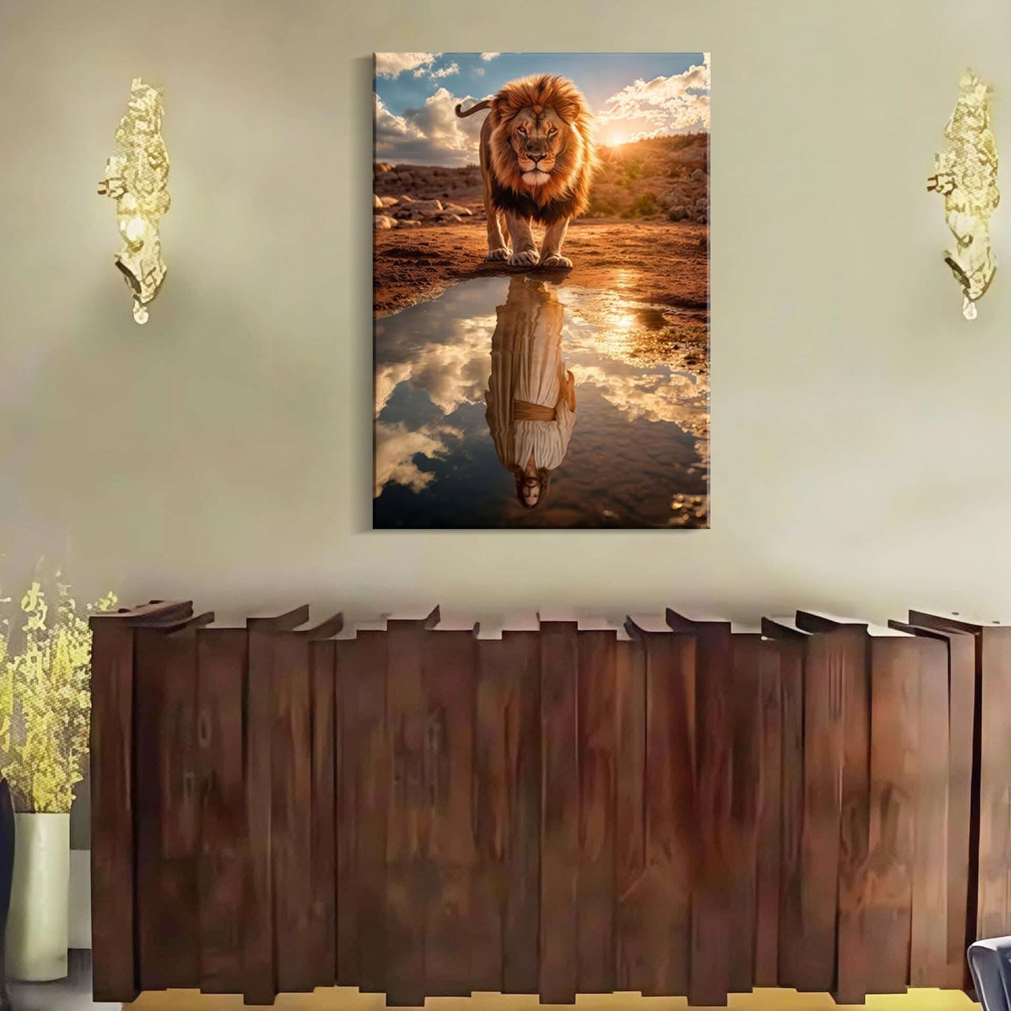 Framed Canvas Wall Painting Lion and Jesus Reflection Religious Poster Inspirational Faith Gallery Picture Print for Living Room and Bedroom Decor 16x24 Inch Ready to Hang