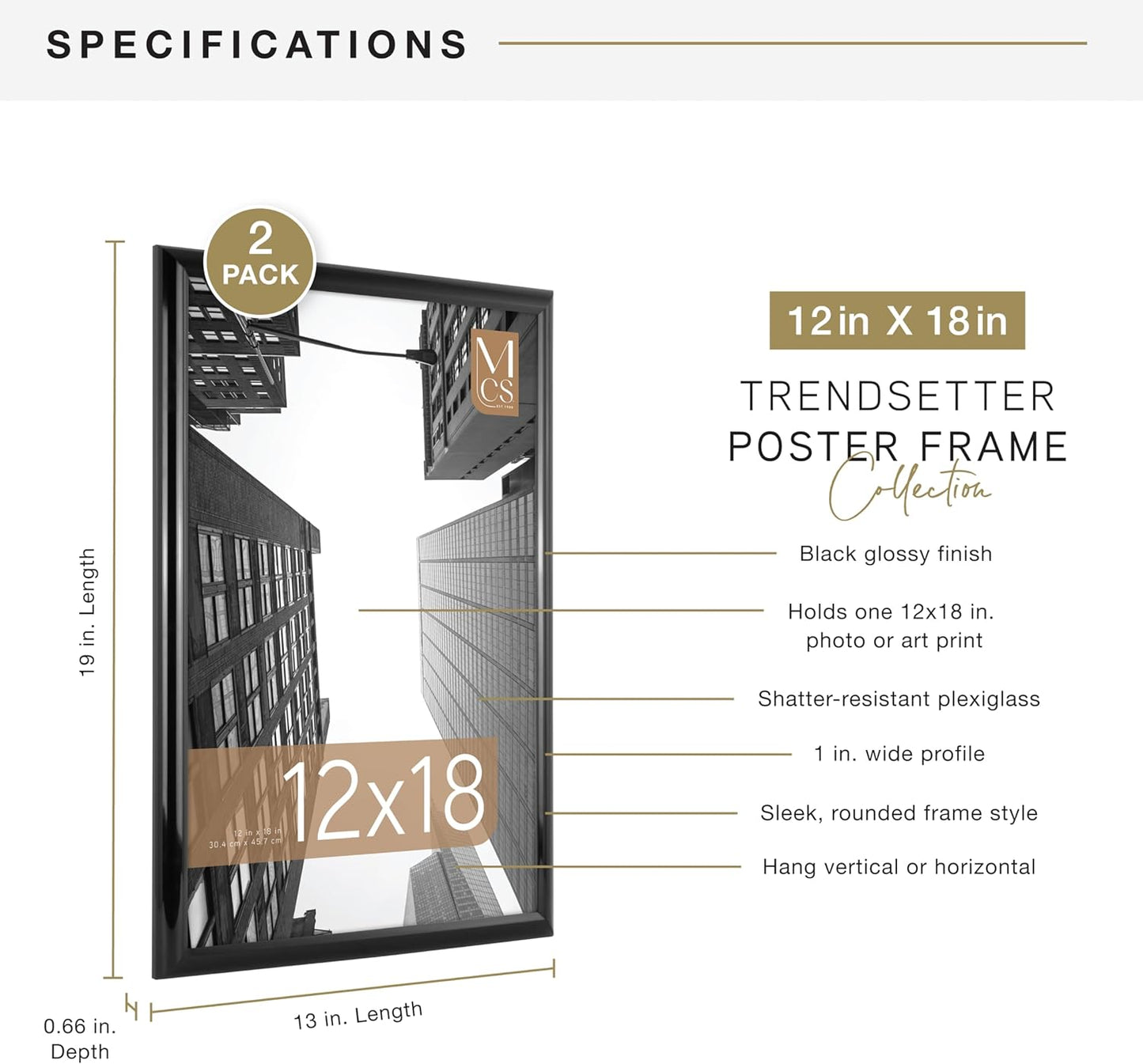 MCS Trendsetter Poster Frame, Black, 12 x 18 in, 2 pk