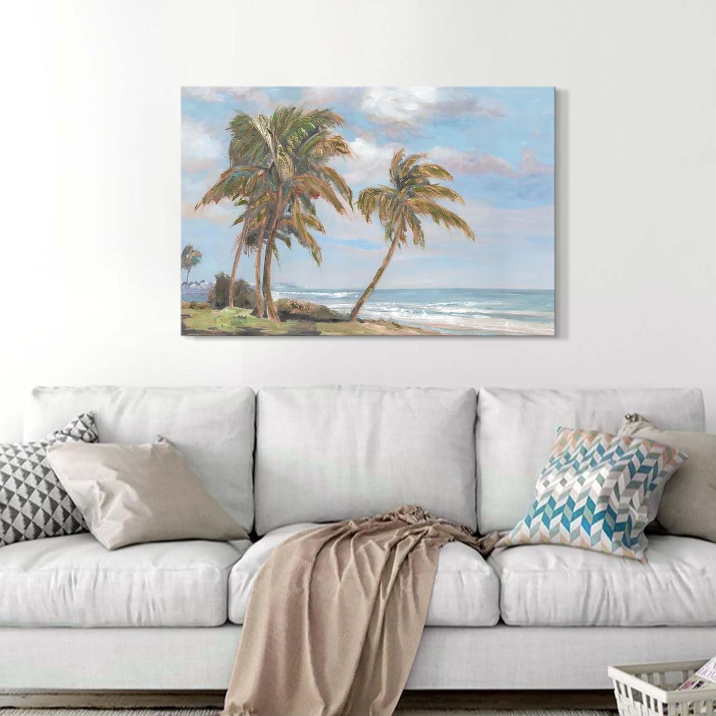 cozy country Palm Tree Wall Art 45"x30" - Coastal Pictures Beach Canvas Ocean Decor - Nautical Artwork Seascape Hand Painting for Living Room, Bedroom, Sea House