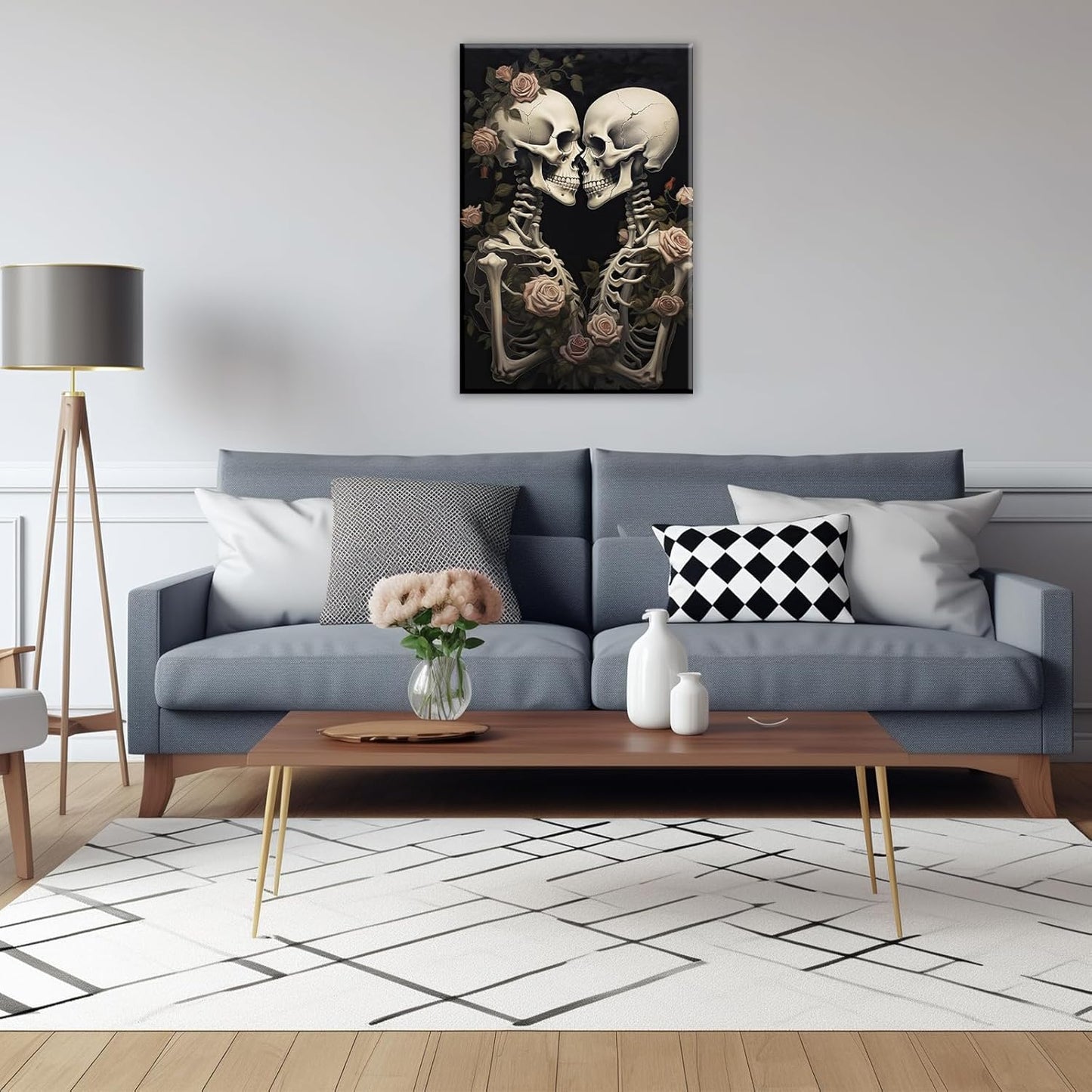 OAAPITI Vintage Skeleton Canvas Wall Art Gothic Painting Artwork Retro Rose Skull Art Poster Abstract Romantic Theme Picture Halloween Living Room Decor(Artwork-4,16"x24")