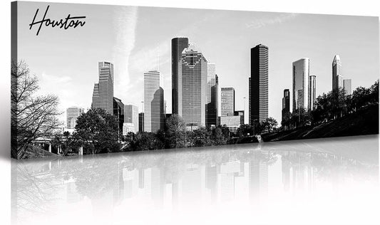 Black and White Wall Art Houston Skyline Canvas Print Picture Panoramic Cityscape Poster Decoration for Bedroom Office Home Decor Framed and Ready to Hang, 13.8"x47.3"