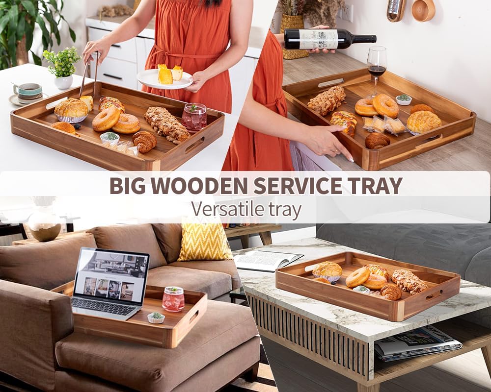 Large Wooden Ottoman Tray, Great 22"x18" Rectangle Trays for Big Ottoman Counter, Huge Kitchen Wood Serving Tray Round Corner, Living Room Coffee Table Decor Centerpiece Organizer Trays