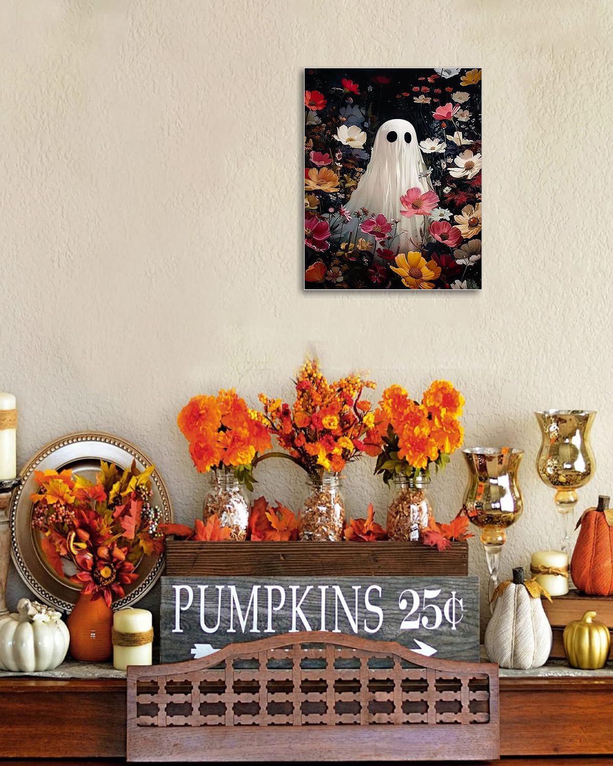Halloween Canvas Wall Art,Vintage Cute Ghost & Wildflowers Framed Poster, Spooky Fall Decorations for Indoor, Gothic Dark Academia Wall Decor, Funny Halloween Decorations for Living Room Bedroom