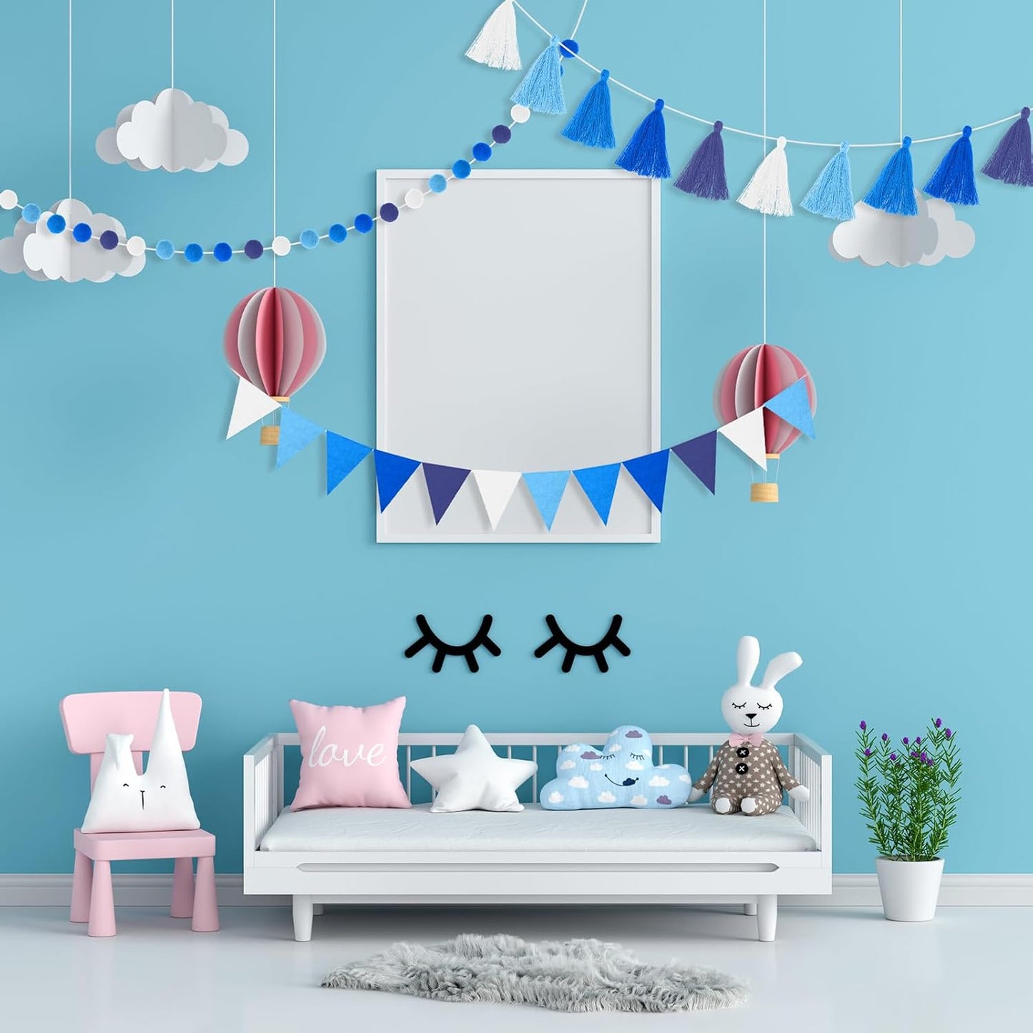 Irenare 9.8 ft Pom Pom Garland Felt Colorful Tassel Banner Christmas Party Pompoms Garland Decorations Felt Pennant Banner for Classroom Home Mantel Fireplace Birthday(Blue)