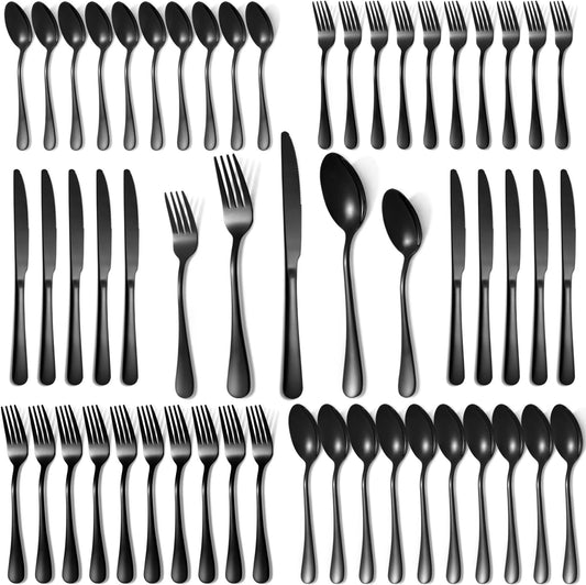 Lazycorner 50 Pcs Black Silverware Set for 10, Mirror Polished Flatware Set Stainless Steel Fork Knife Spoon, Food Grade Eating Utensils Sets, Reusable Silverwear Cutlery Set, Dishwasher Safe