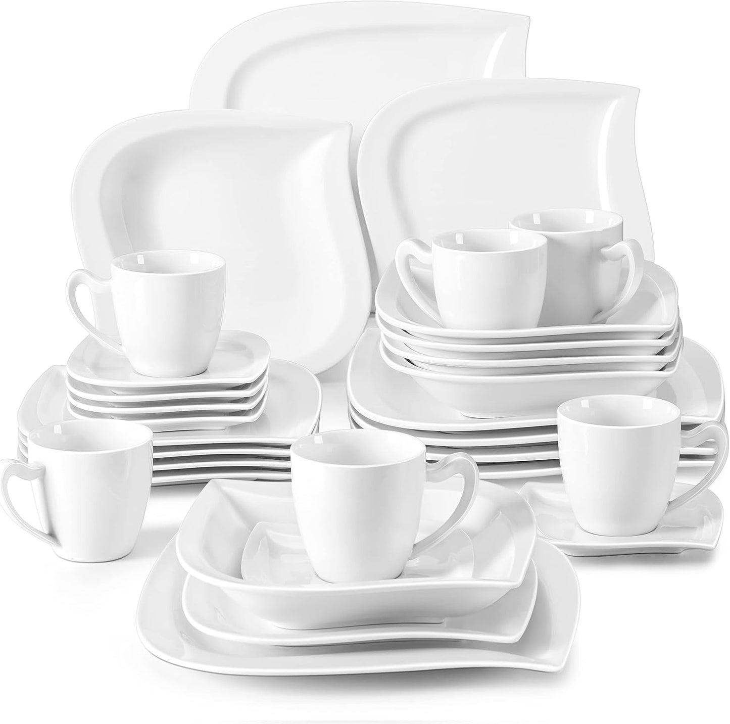MALACASA Dinnerware Sets, 30 Piece Ivory White Plates and Bowls Sets for 6, Porcelain Dishes Set with Dinner Plate Set, Cup and Saucer, Kitchen Dinner Dining Ware Set, Microwave Safe, Series Elvira