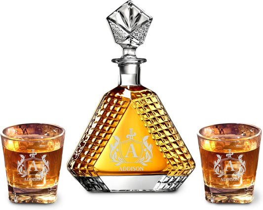 Personalized Triangle Whiskey Decanter Set for Men 650ml Luxury Gift for Groomsman, Liquor Decanters with 2 or 4 Glasses for Birthday, Retirement, Weddings - 24 Engraved Design Options