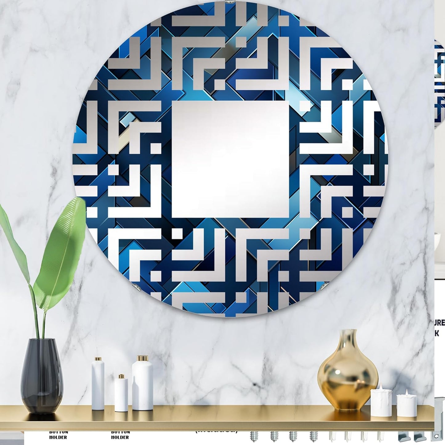 Symmetric Cubes in Deep Cobalt Blue - Geometric Maze - 32 Inches - Round Decorative Wall Mirror for Bathroom, Bedroom, Entryway, Living Room, Vanity Room and Modern Décor