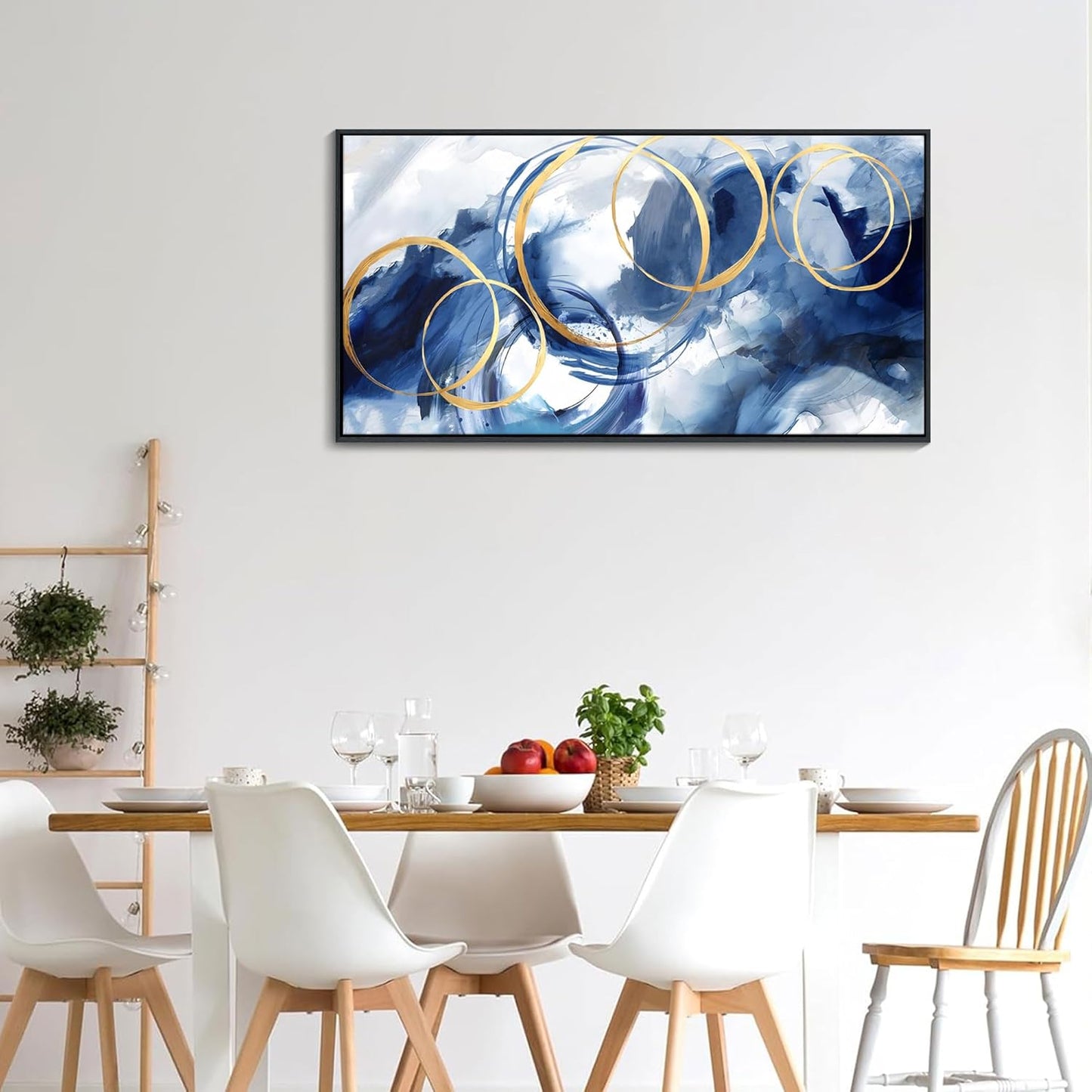 AJAZIKO Blue Abstract Wall Art Modern Navy Blue and Gold Pictures for Living Room Paintings Office Artwork Wall Decor Framed Canvas Wall Art Bedroom Wall Decor Above Bed 20×40IN
