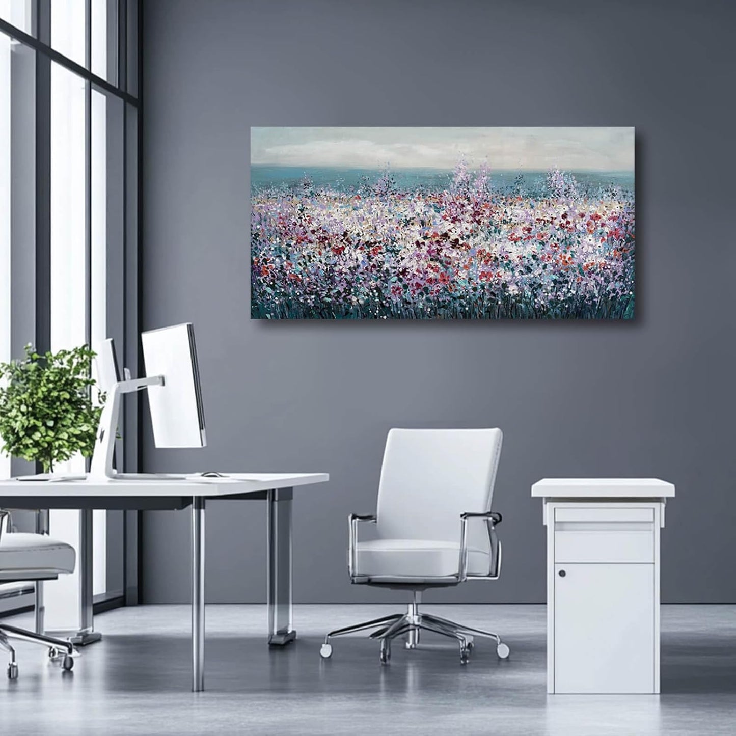 CHUDANHAO Purple and White Wildflowers Wall Paintings Ocean Wall Decor for Bedroom Seascape Painting Art Dining Room Hotel Decorations 24"x48"