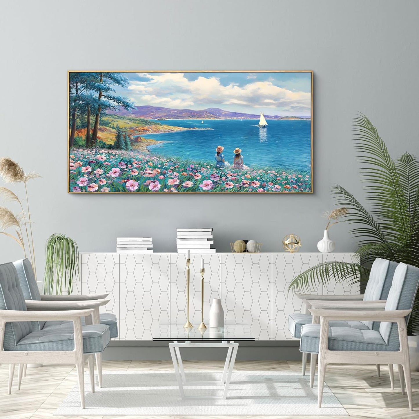 XLSJERST Large Landscape Wall Art - Blue Ocean Pink Flower Sailboat Mountain Tree Decor Orange Frame Artwork for Wall Large Picture for Living Room Bedroom Home Office Wall Decoration Size 24x48