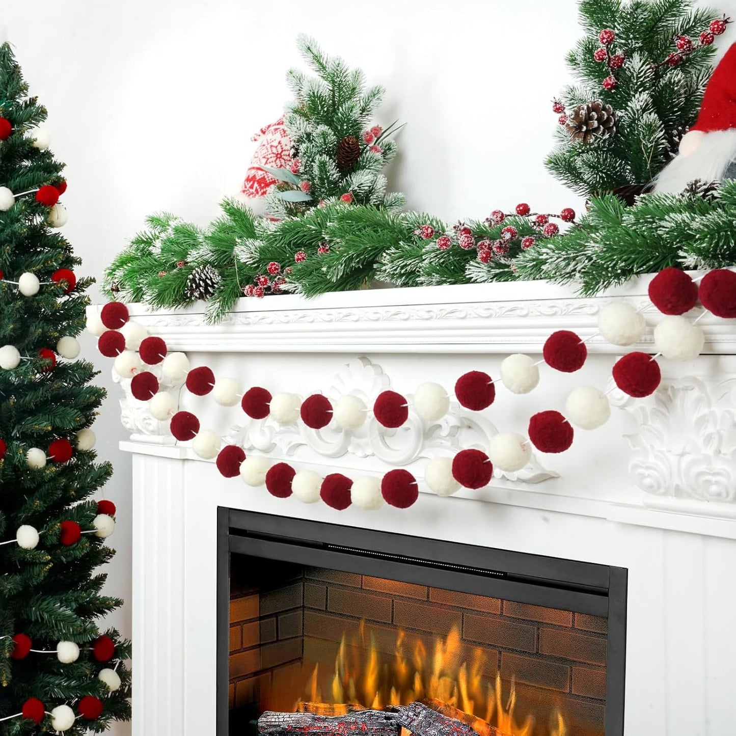 TBD Decor 2pk Red Pom Pom Garland 13FT Large Felt Ball Garland Christmas Decoration for Mantle,Indoor Holiday Wedding Birthday Party Supplies (Red&White,4cm)