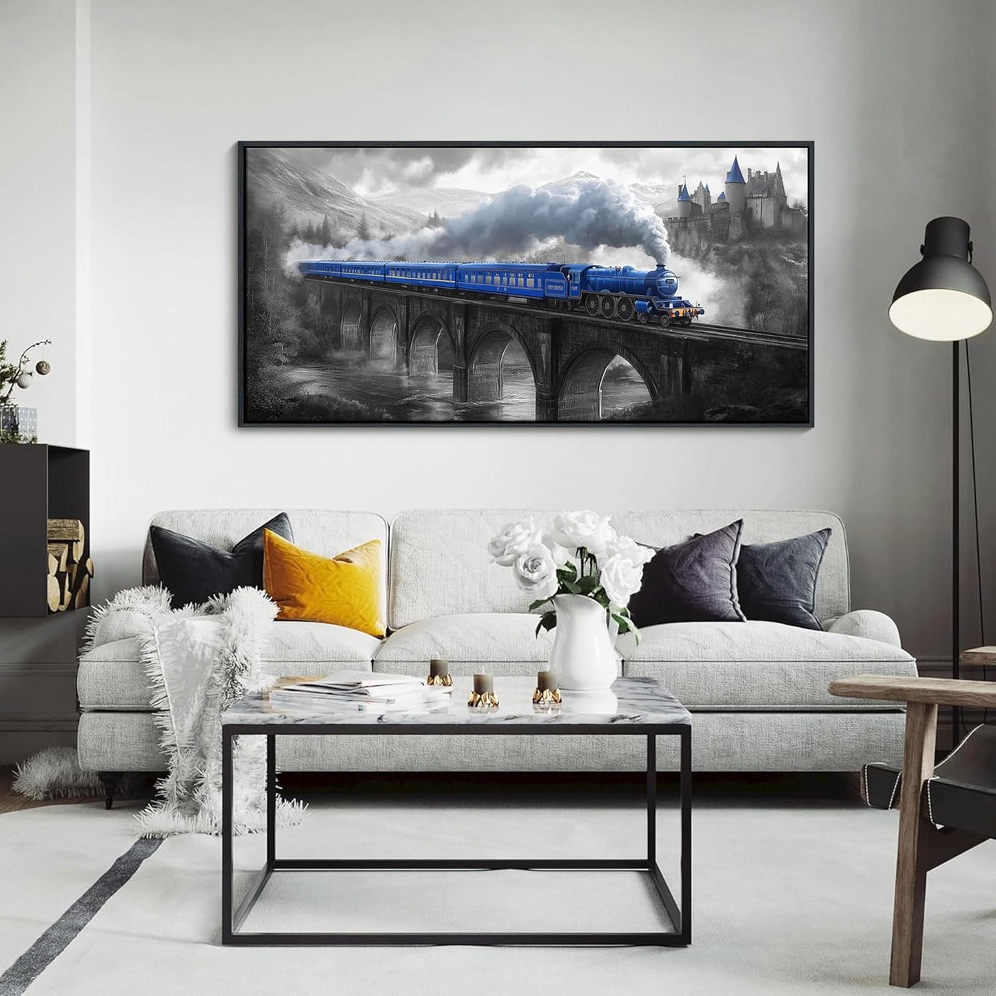 JEAWA Framed Canvas Wall Art - 20x40 IN Blue White Gray Landscape Wall Decor, Picture with Castle Bridge Train, Art Prints for Living Room Bedroom Bathroom Home Decoration