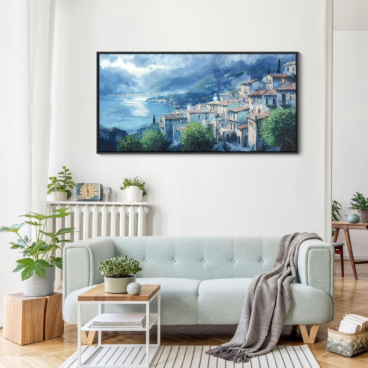 JEAWA Framed Canvas Wall Art - 20x40 IN Landscape Painting Decor Ready to Hang, Gray Blue Town Picture, Lights of Thousands homes Art Prints for Bedroom Bathroom Home Decoration