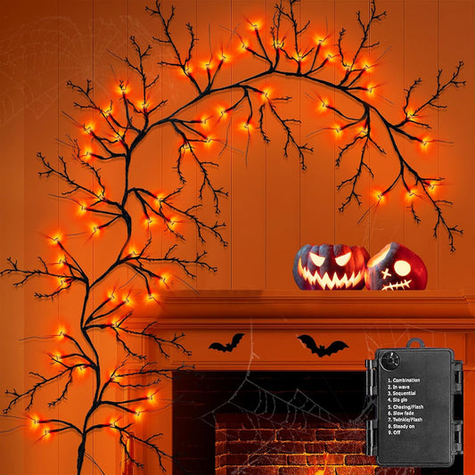 9 FT 72LED Halloween Willow Vine Twig Decor Branches Garland with Lights - 8 Modes Timer - Waterproof Battery Operated for Indoor Wall Fireplace Halloween Decorations