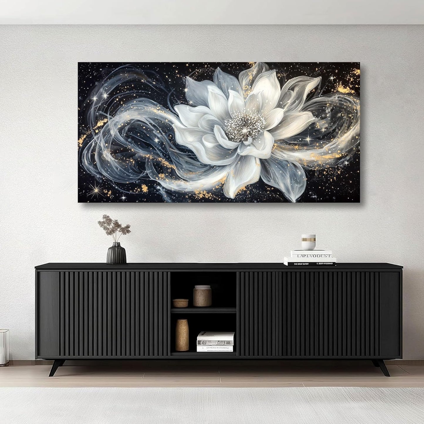 QZQCBLC Large Wall Art, Black and White Lotus Wall Art Modern Abstract Flower Pictures Gold Silver Canvas Painting Artwork for Living room Bedroom kitchen Home Office Decor 29x58 IN