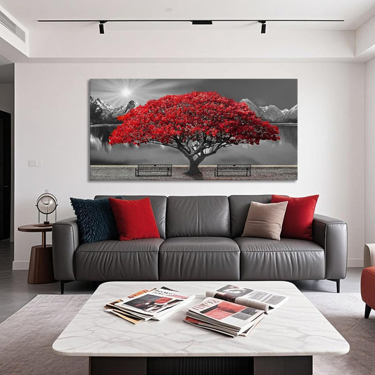 Black and White Red Tree Wall Art Canvas Print Picture Large Red Tree Landscape Modern Artwork for Living Room Bedroom Office Home Wall Decoration Decor With Frame 20x40in