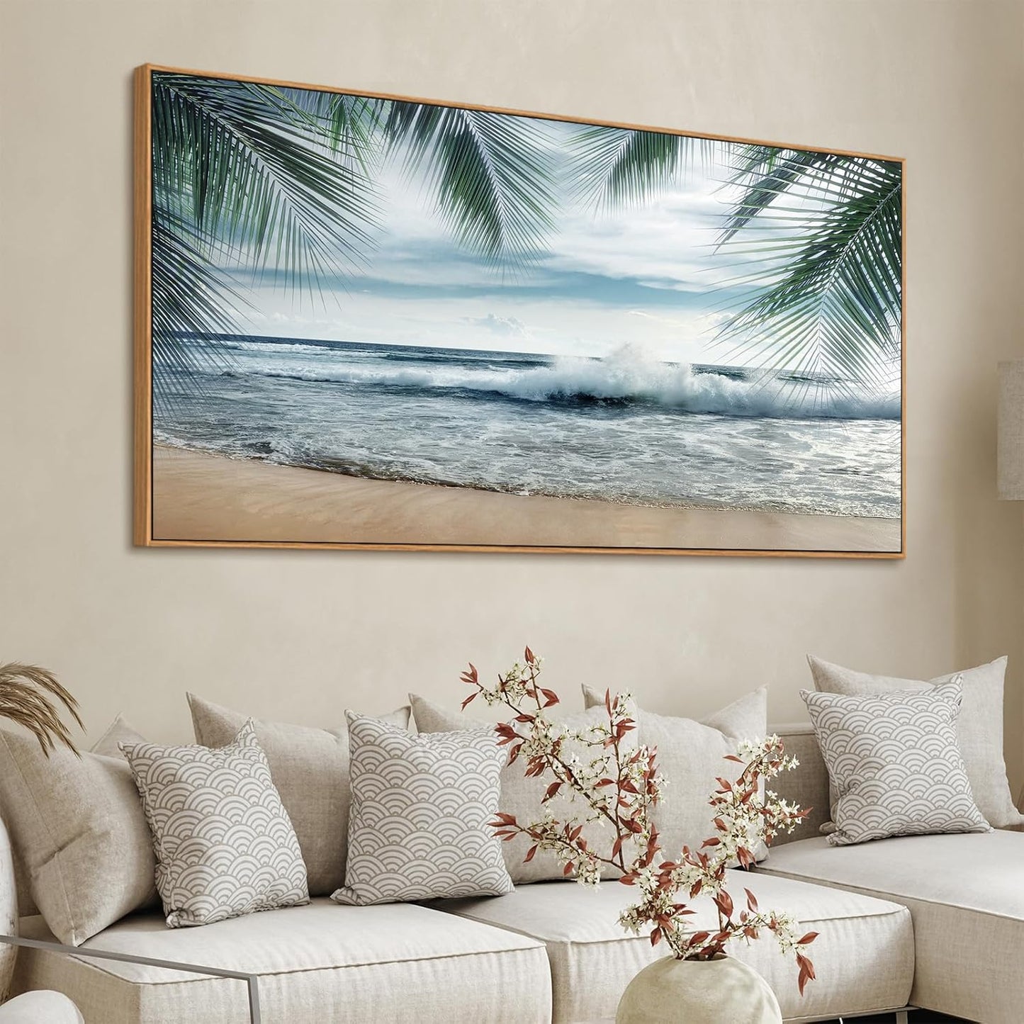 Framed Tropical Beach Wall Art - Ocean Waves Canvas Pictures Coastal Blue Sky and Sea Print Seaside Palm Tree Leaves Scene Painting Artwork Living Room Bedroom Office Home Decor 29" x 58"