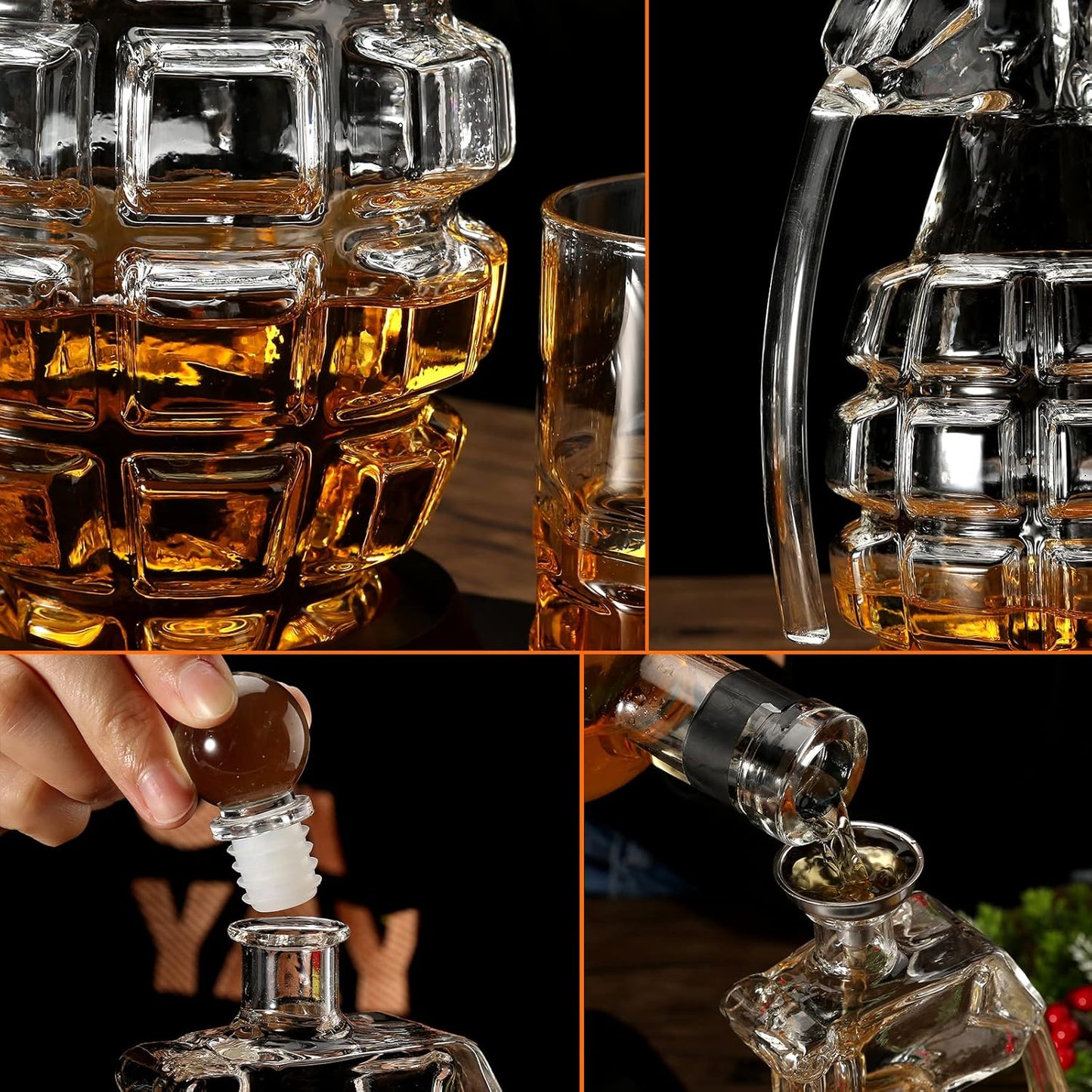 Whiskey Decanter Set Grenade Shaped Liquor Decanter Set with 2 Glasses - Scotch Bourbon Drinking Gift for Men&Women Dad Husband Boyfriend Brother Anniversary Birthday Christmas House Warming Present