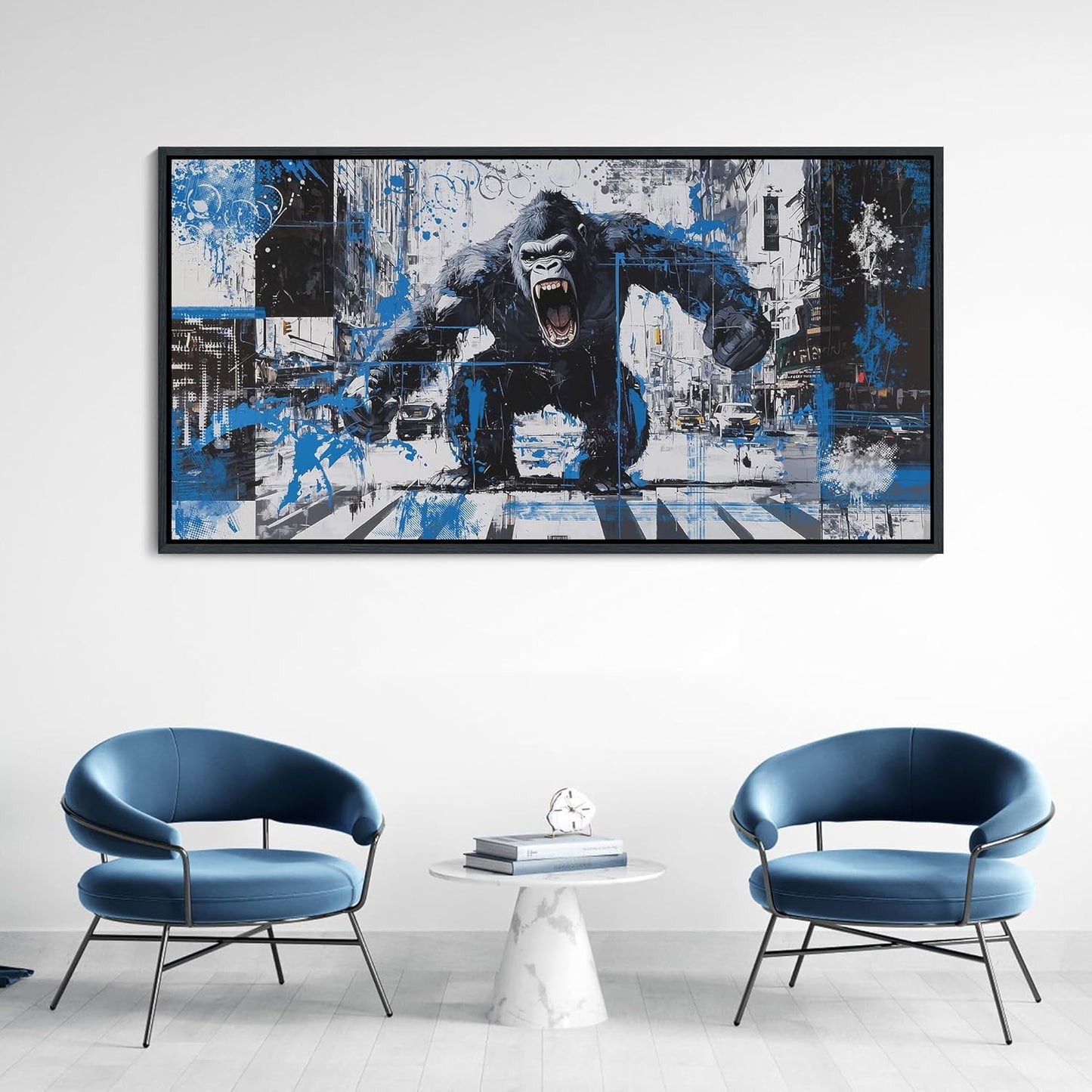 JEAWA Large Framed Wall Art, Gorilla City Street Abstract Graffiti Animal Canvas Paintings Black and White Modern Picture for Living Room Bedroom Men Study Home Office Picture Wall Decor 29x58 IN