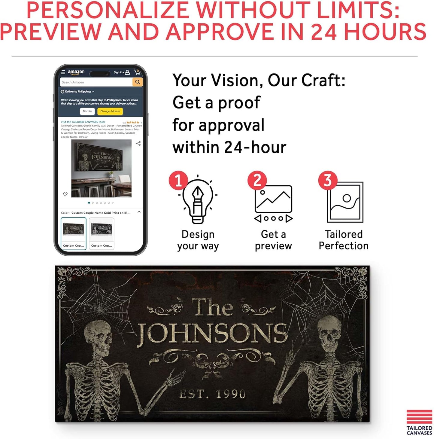 Tailored Canvases Gothic Family Wall Decor - Personalized Grunge Vintage Skeleton Room Decor for Home, Halloween Lovers, Men & Women for Bedroom, Living Room - Goth Spooky, Custom Couple Name, 20"x10"