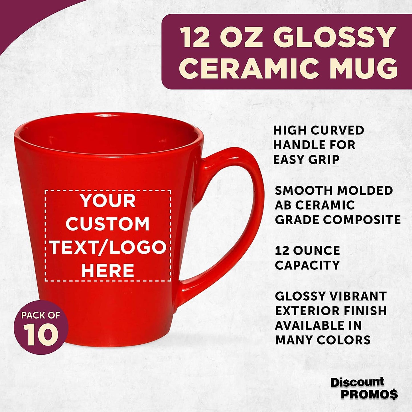 DISCOUNT PROMOS Custom Glossy Ceramic Latte Coffee Mug 12 oz. Set of 10, Personalized Bulk Pack - Perfect for Tea, Espresso, Cappuccino, Hot Cocoa - Red