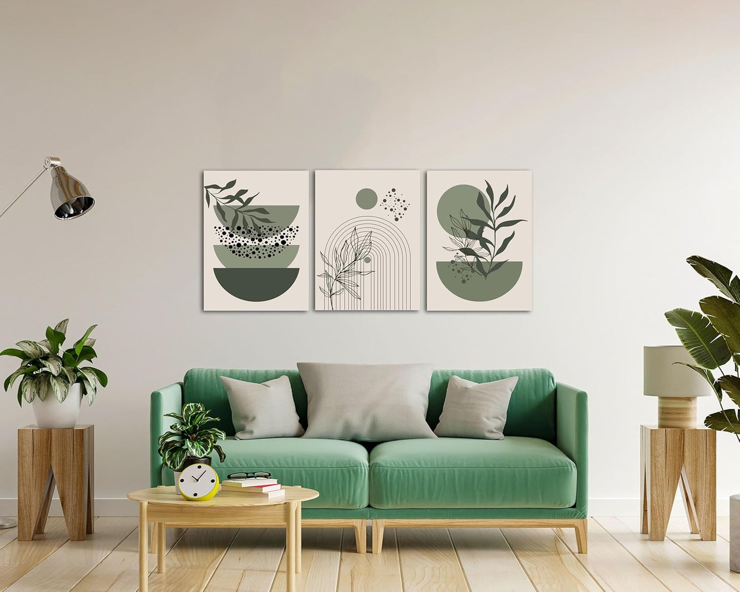 Sage Green Boho Wall Art Set of 3 Abstract Minimalist Geometric Line Poster Green Botanical Leaf Canvas Prints Modern Artwork Painting Decor for Living Room Bedroom Office 12x16 in Framed