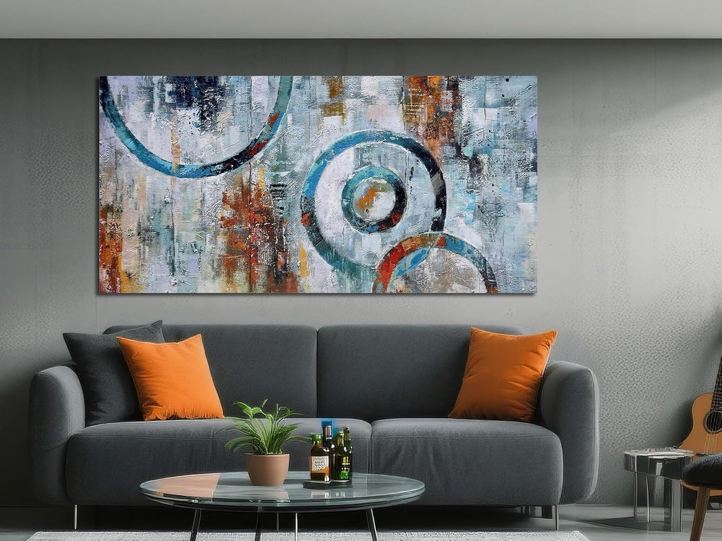 Arjun Abstract Wall Art Geometric Canvas Circle Block Painting Modern Grey Brown Picture, Large Size Simple Artwork Ready to Hang Framed for Bedroom Living Room Bathroom Home Office Wall Décor 40"x20"