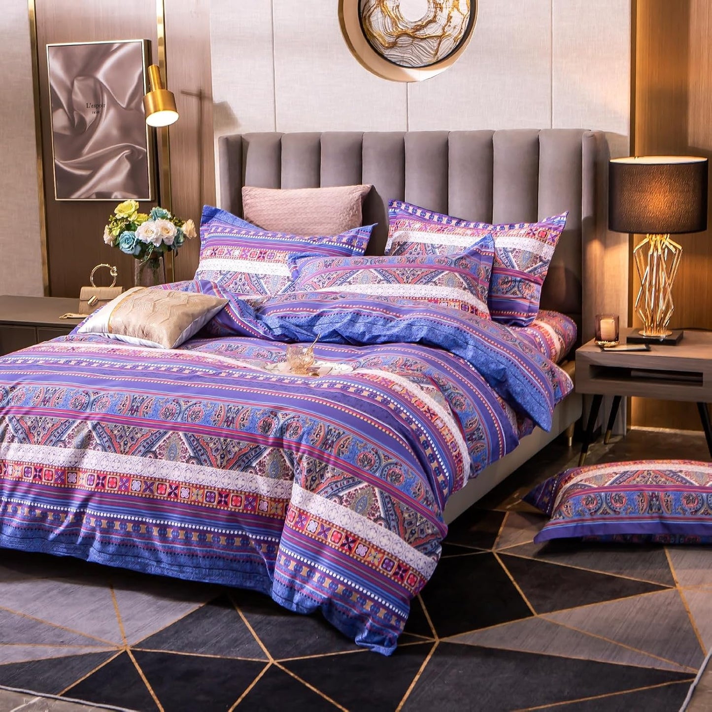 ABREEZE Bohemian Vintage Twin Size Floral Cotton Bedding Set 3Pcs Duvet Cover Set Boho Purple Paisley 100% Egyptian Brushed Cotton Reversible Home Bedding Collection